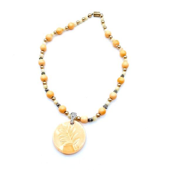 Summery Peach Ceramic Pendant on Beaded Strand, Vintage Bohemian Leaf Imprint - Picture 4 of 4